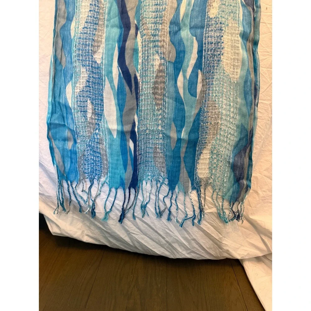 Blue Abstract Wavy Print Viscose Lightweight Fringe Scarf Wrap